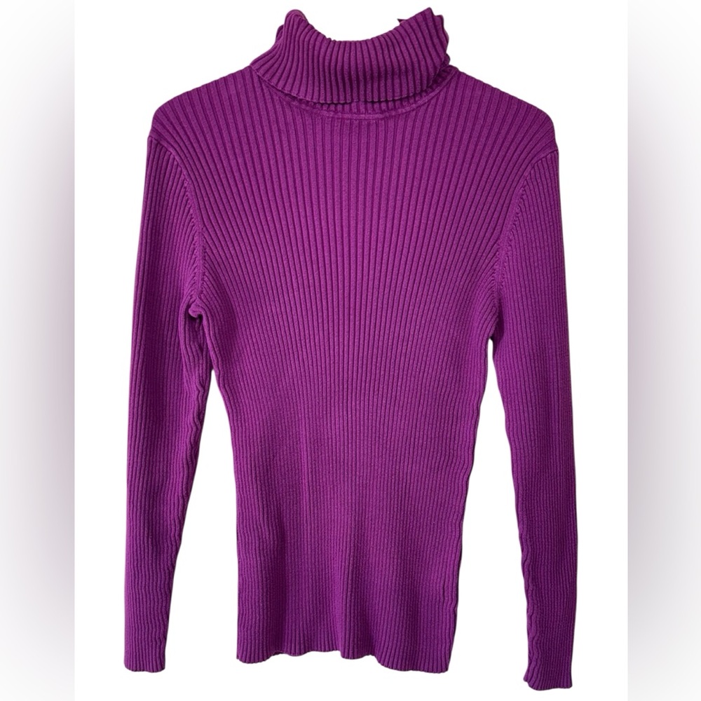 LL Bean Sweater Women's XL Purple Turtleneck Ribbed Knit Cotton Long Sleeve